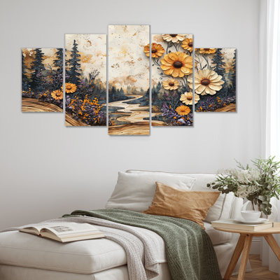 Fleurs sauvages sur une glissoire en bois rivière II - Art mural fleurs sauvages - ensemble d'art mural traditionnel 5 pièces