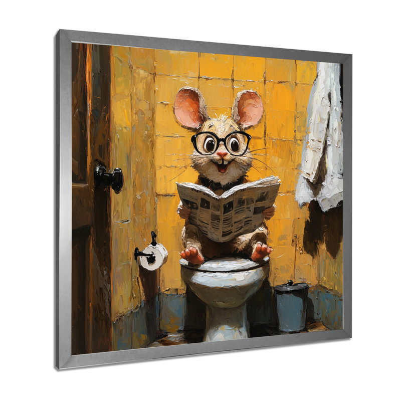 Kele, une jolie souris assise à la toilette I - Toilette, art mural, H 16 po x l 16 po, Picture Framed Print, Argent argent