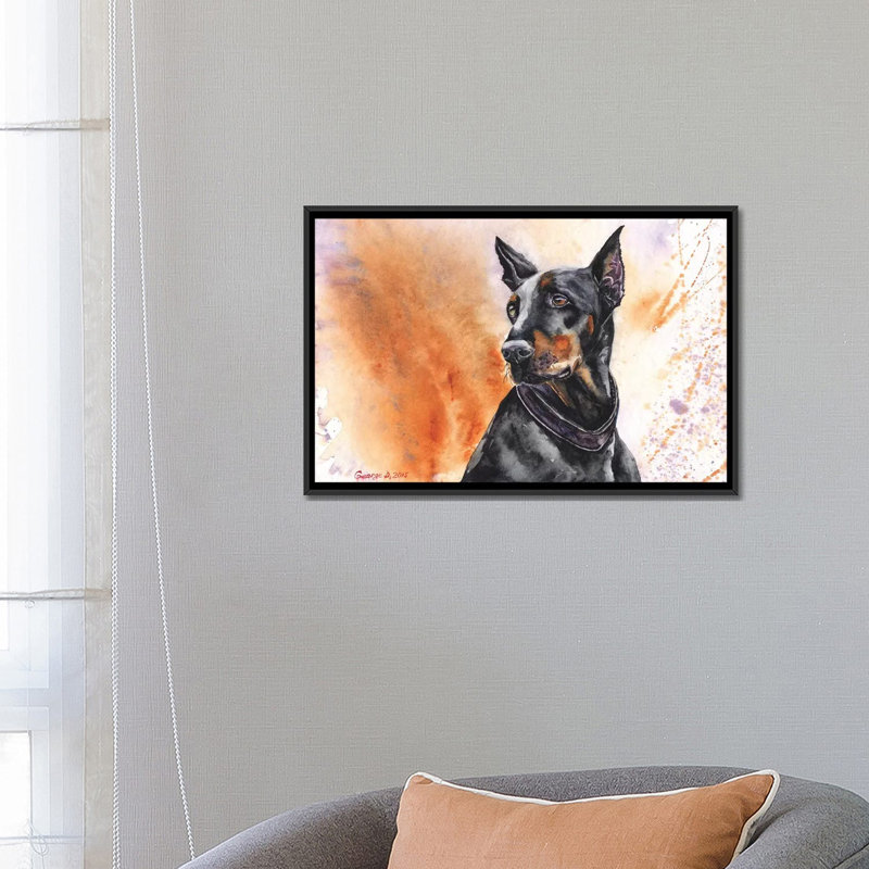 « doberman », reproduction sur toile, H 18 po x l 26 po x P 1,5 po, Toile avec cadre noir, Pas de tapis