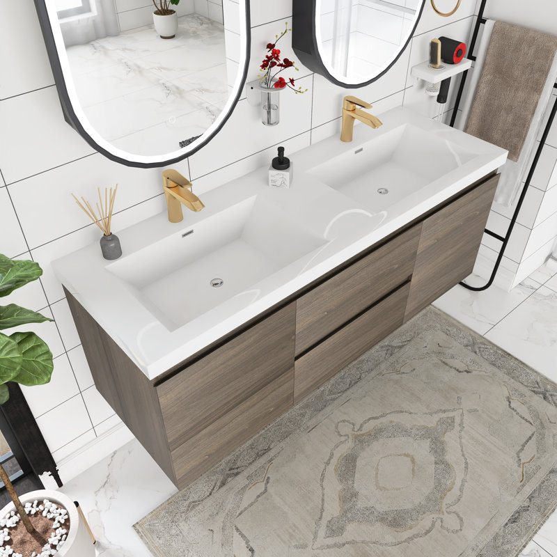 Lodena 60'' Double Sink Wall Mounted Bathroom Vanity with Resin Top, Ash Grey