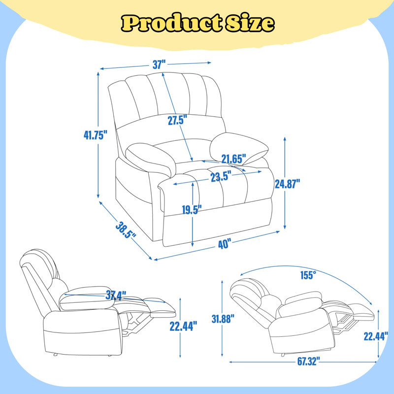Fauteuil inclinable manuel surdimensionné avec inclinaison à 155 °, Beige