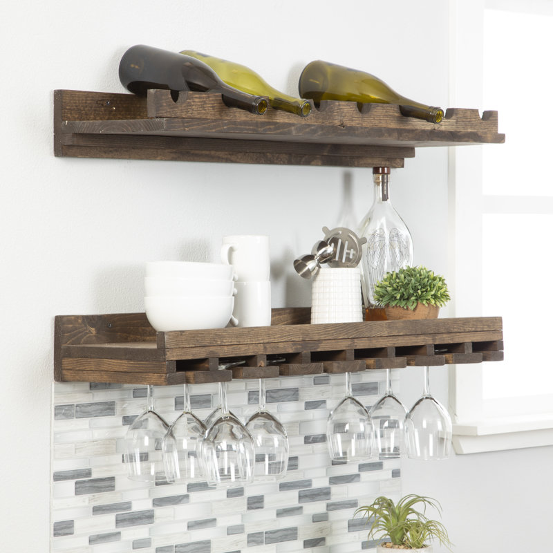 Support à vin à et à verres à fixation murale en bois massif Blende, Noyer, H 4,25 po x l 36 po x P 10 po