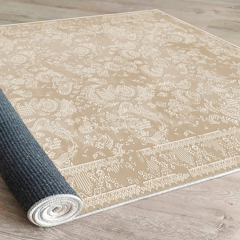 Premium Cotton Area Rug, 3.3 x 11.5 Feet | 100% Antibacterial, Non-Slip PVC Underside, 0.3 in Pile Height | Machine Washable, Durable Felt Base, Elegant Beige Color | Perfect for Living Room, Bedroom & Hallway