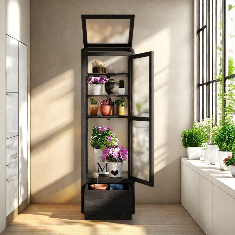 Black Fir Wood Garden Greenhouse with Adjustable Shelves and Storage Box