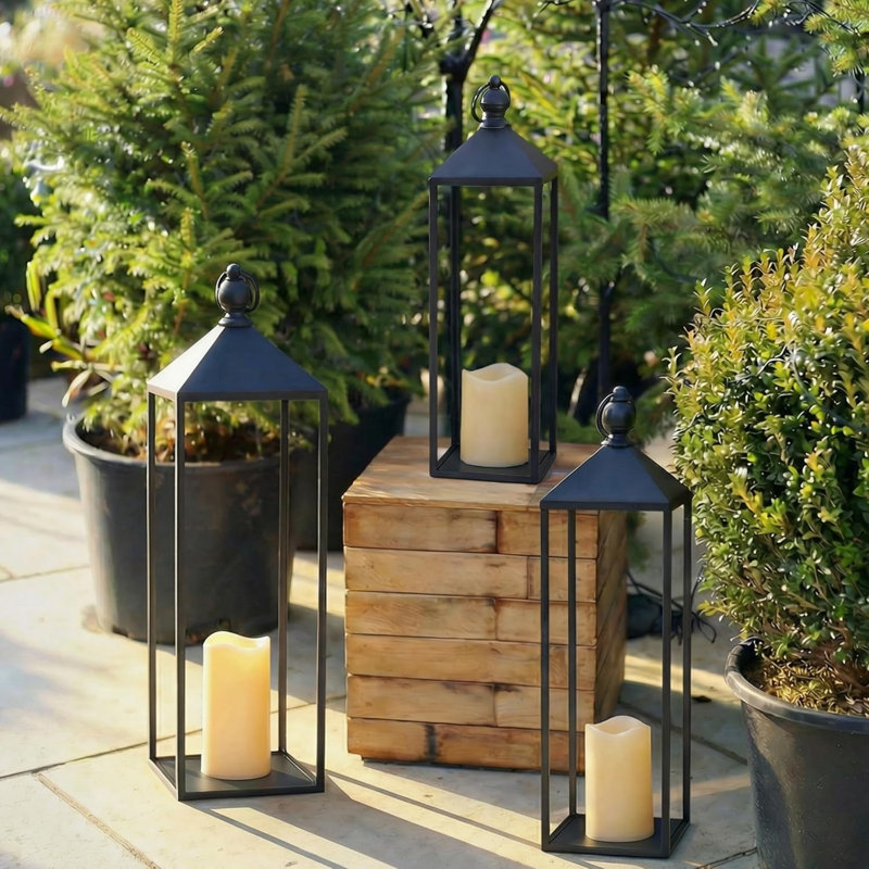 Decorative Lanterns for Indoor & Outdoor, Set of 3 Black Metal Lanterns (22" & 19" & 17") with LED Timer Flameless Candles, Farmhouse Modern Decor for Front Porch, Patio, Garden, Mantle