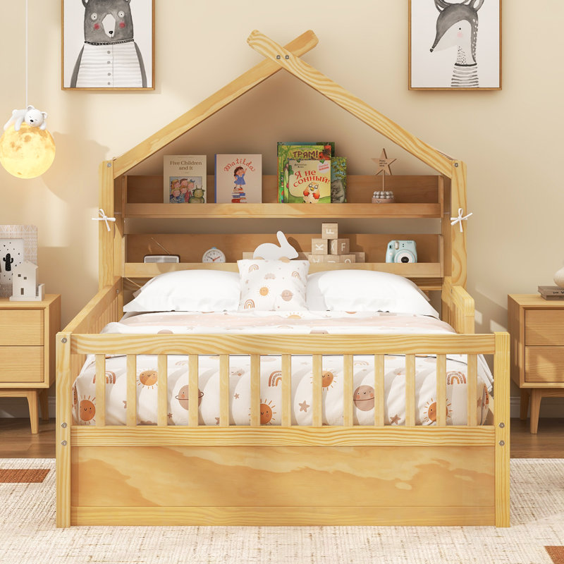 Lit maison en bois avec tablette de tête de lit en bois de pin naturel et durable, parfait pour les chambres d'enfants, Twin