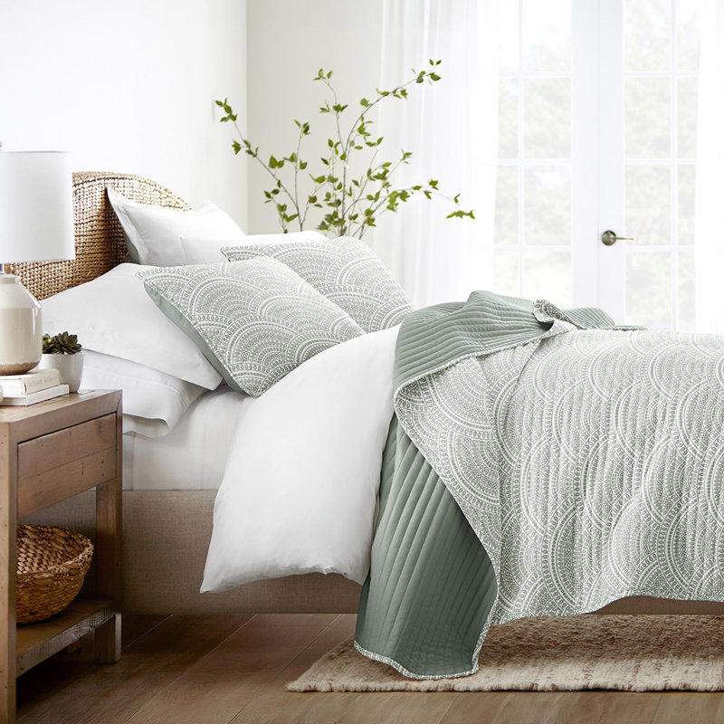 Ensemble de couvre-lit courtepointe en microfibre réversible toutes saisons à motif festonné ultra doux, Vert