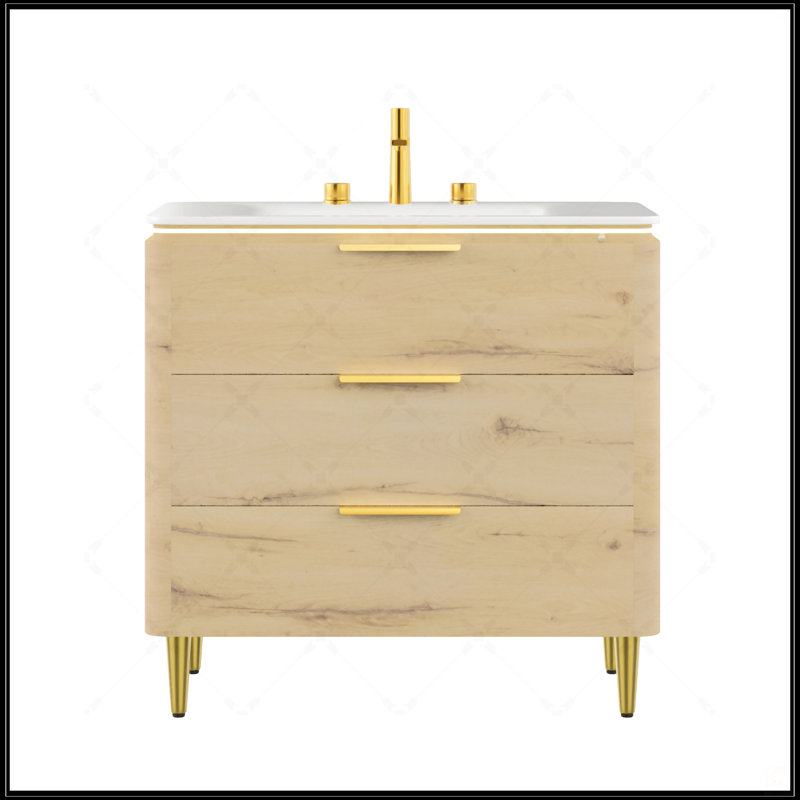 Meuble-lavabo autoportant avec lavabo en pierre frittée, 3 tiroirs et mécanisme de fermeture en douceur pour un rangement élégant