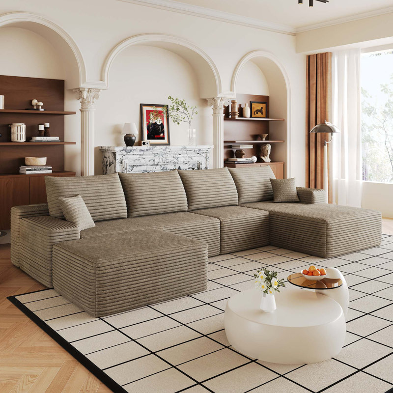 Canapé modulaire Cloud avec repose-pieds, velours côtelé moelleux sans assemblage, Velours côtelé chameau, Orienté à droite