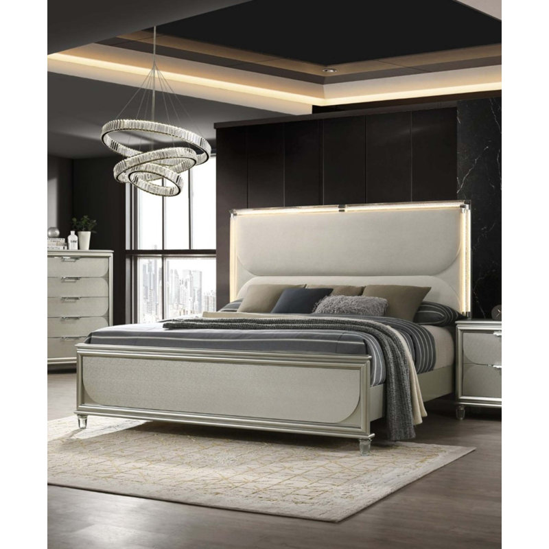Grand lit Zema, tête de lit tapissier avec DEL, bois argenté, pieds