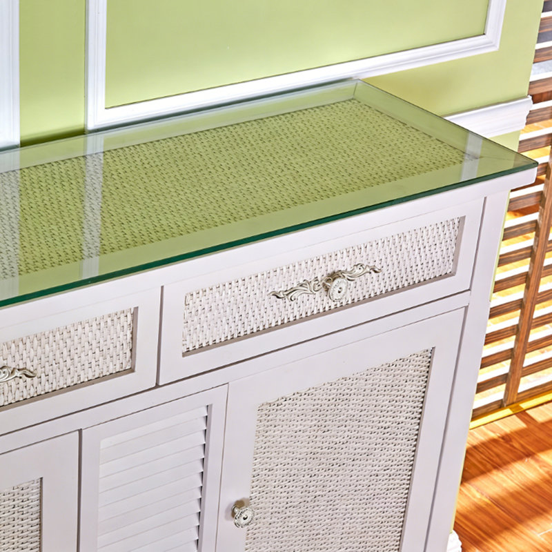 Banc de rangement en verre blanc + bois massif + bois manufacturé + rotin, Blanc