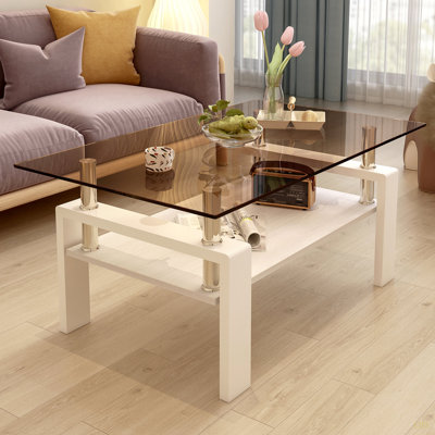 Table basse rectangulaire, plateau en verre trempé avec panneau de fibres à densité moyenne, table moderne pour le verre du salon