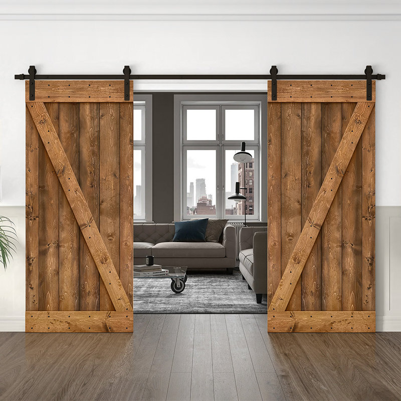 Porte de grange en bois massif lambrissé et métal, 56 po x 84 po, Noyer