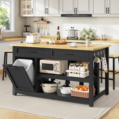 47" Sturdy Kitchen Island with Trash Can Storage, 2 Bar Stools, Power Outlet, and 2 Large Drawers