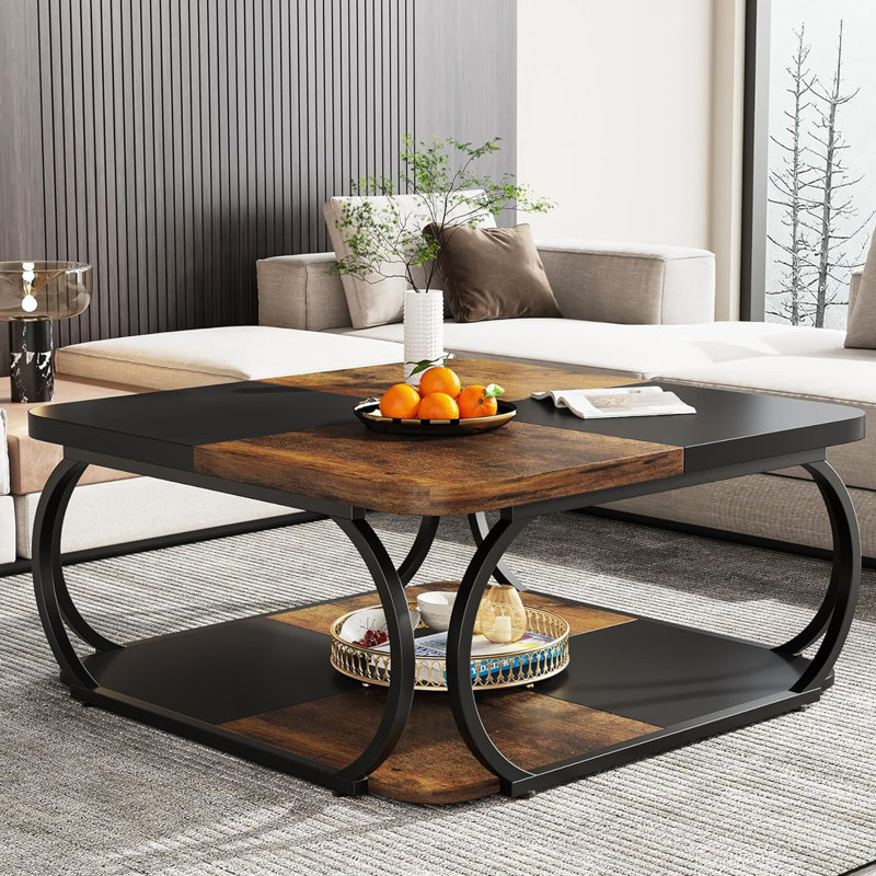 Table basse carrée de 39 po avec tablette de rangement à 2 niveaux de style campagne moderne, structure en métal robuste, brun rustique et noir, idéale pour le salon