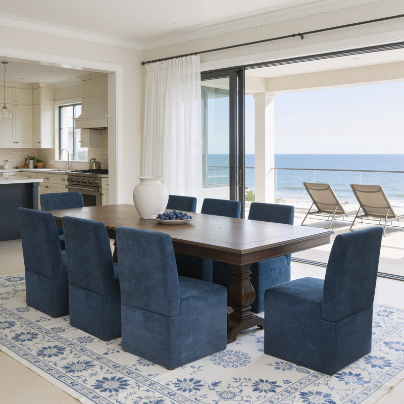Luxe Upholstered Modern Fabric Blue Dining Chairs With High Back Support & Extra Wide Seat, Blue