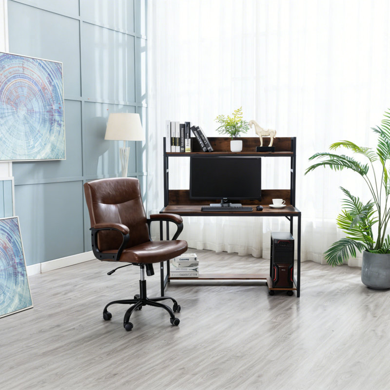 Chaise de bureau à domicile Hoswell, dossier lombaire à dossier haut ergonomique, chaise de bureau d'ordinateur, fauteuil de direction réglable en cuir avec accoudoirs