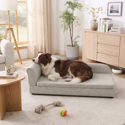 Oversized Chaise-Style Pet Sofa For Medium & Large Dogs With Wave Backrest, Single Armrest, Removable Cushion & Breathable Linen Fabric