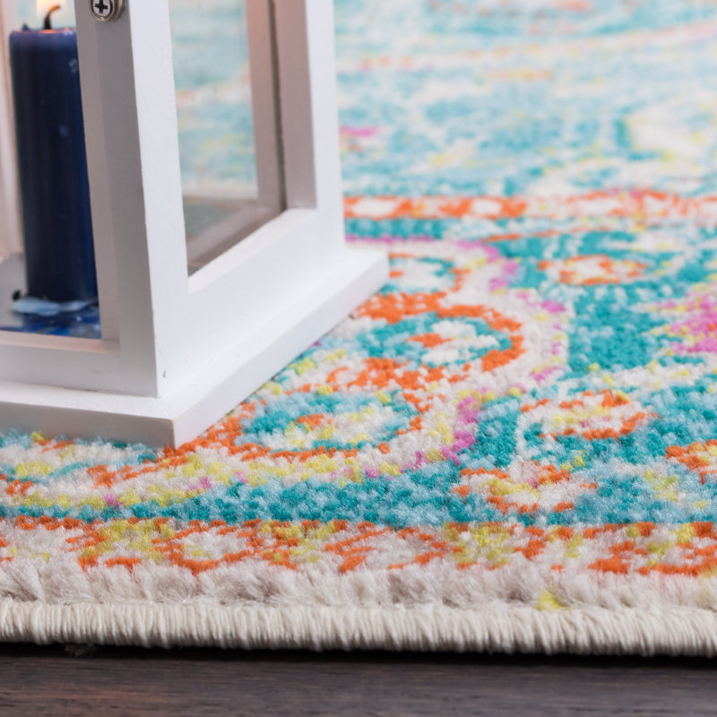 Tapis oriental turquoise verdâtre, orange et beige Tonia, Rectangle 3 pi 3 po x 4 pi 11 po