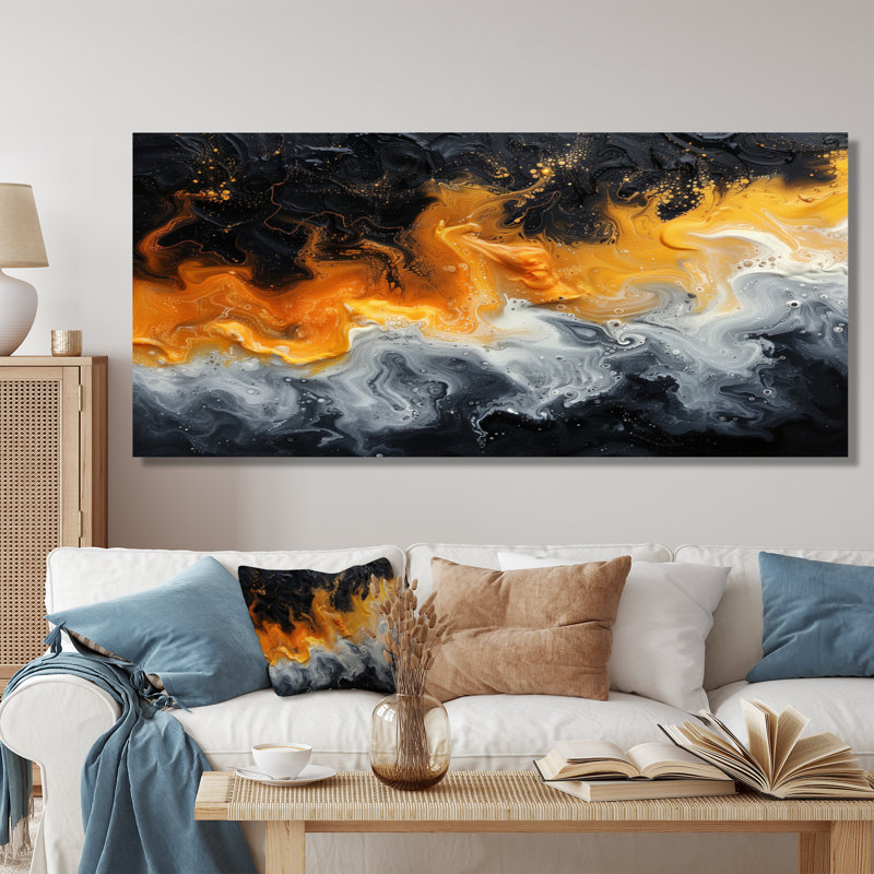  «Orange noir abstrait liquide rivière III - art abstrait mural encre liquide, Toile tendue, H 40 po x l 60 po