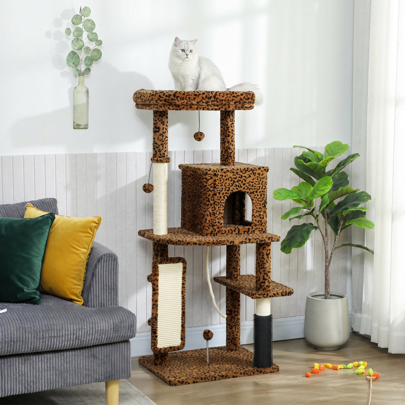 Arbre à chat 52 po avec poteaux à griffer, lit pour chat, condo, imprimé léopard