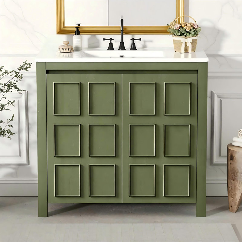 36 " Bathroom Vanity Organizer with Ceramic Sink, Set Bathroom Storage Cabinet, Olive Green, Olive Green