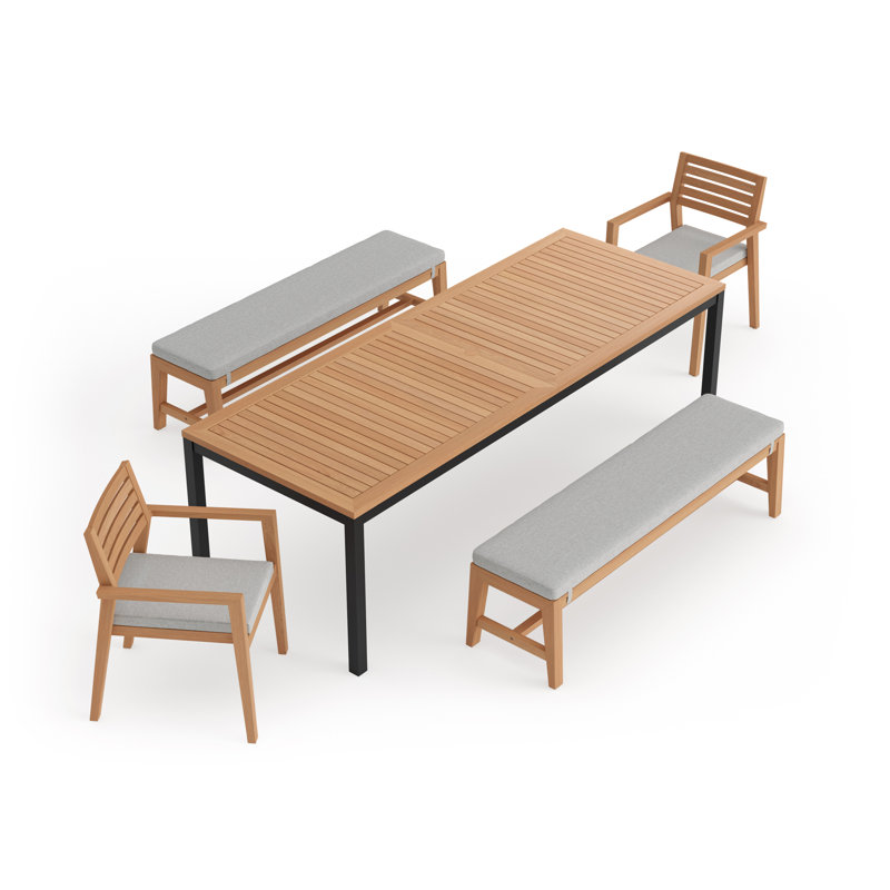 Outdoor Furniture Rhodes 5 Piece Dining Set with 96 in. Table & Bench Seating, Natural Teak, Cast Silver Sunbrella®