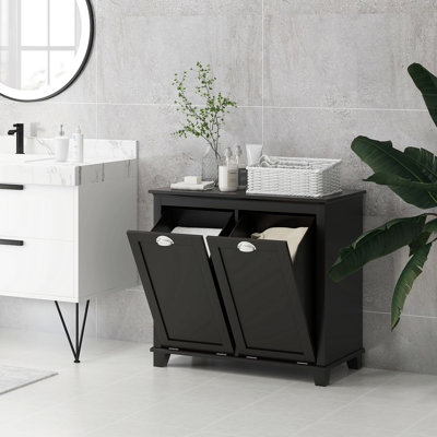 Armoire à linge double inclinable, armoire de rangement pour salle de bain avec panier à 2 compartiments, armoire de plancher moderne pour salle de bain, noir