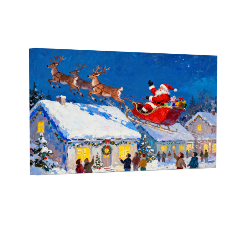 Père Noël de Noël survolant des maisons de village enneigées, H 16 po x l 24 po