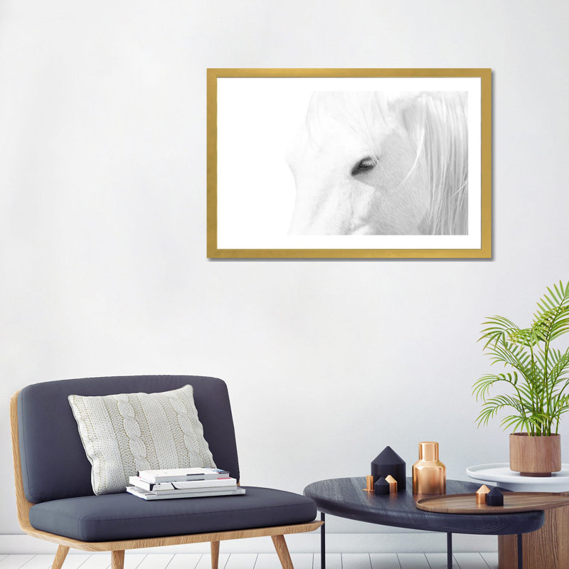 « Cheval blanc » par Marco Carmassi-impression d’art graphique, Blanc, Papier doré, H 24 po x l 32 po x P 1 po