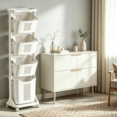 Four-Layer Laundry Basket with Wheels, Which can be Classified and Stored, Easy to Move and Assemble, Simple, White.
