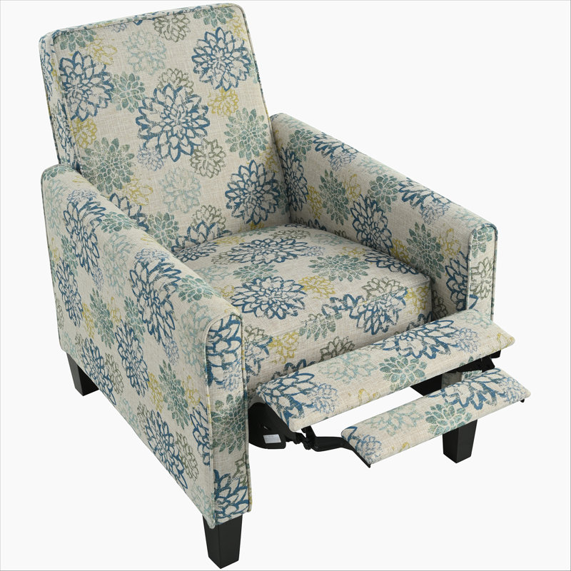 Fauteuil inclinable rembourré 27,5 po avec pieds en bois de hêtre massif pour salon et chambre à coucher, brun clair et bleu