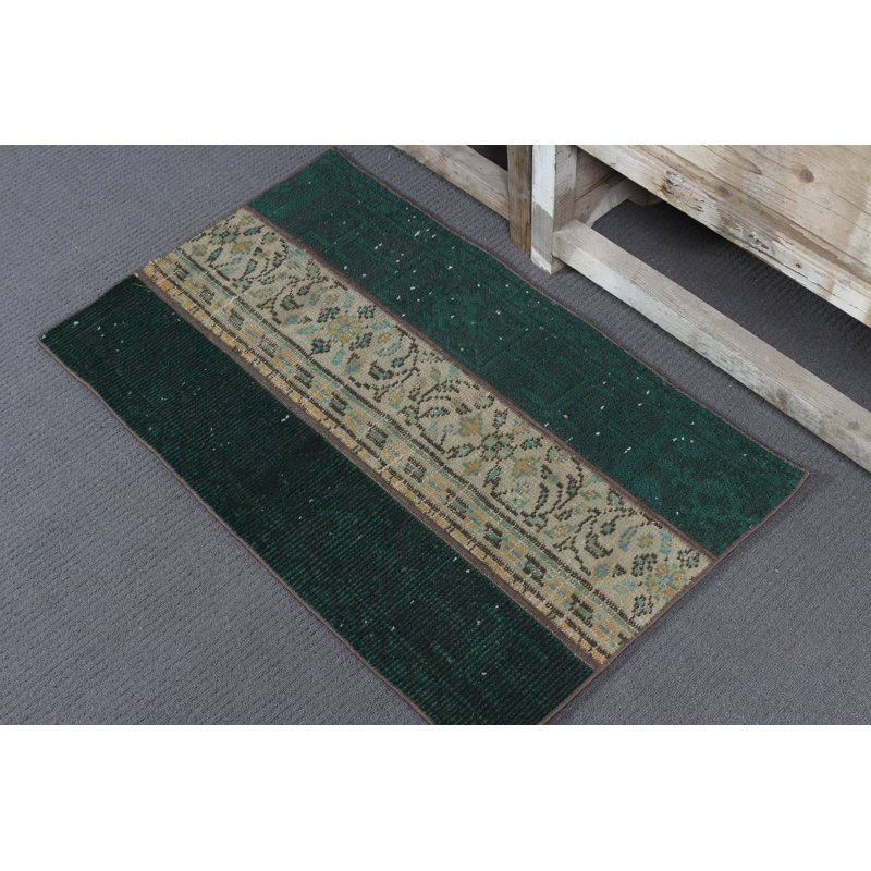 Handmade Green Wool Door Mat From Vintage Anatolian Turkish Patchwork Ideal for Kitchen or Entryway Home Decor