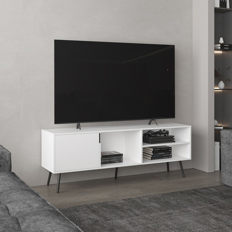 Meuble télé de 63 pouces de large avec armoire, tablettes et gestion des câbles pour salon moderne, meuble télé, Blanc