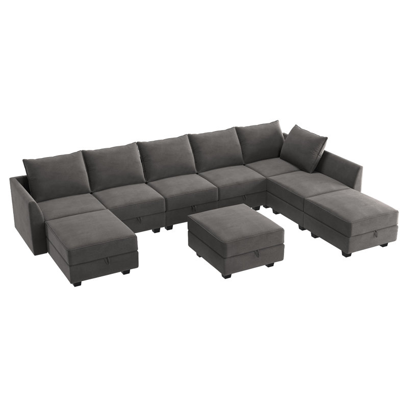 Canapé modulaire en U avec méridienne Tremee, Velours gris velours