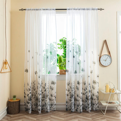 2 Panels Pansy Printed Semi-Gauze Textured Curtains 39*78 inches, for bedrooms and living rooms, Floral Print Rod Pockets, Gauze Light-Filtering Spring Weeping Flower Pattern Curtains, Gray Pansy