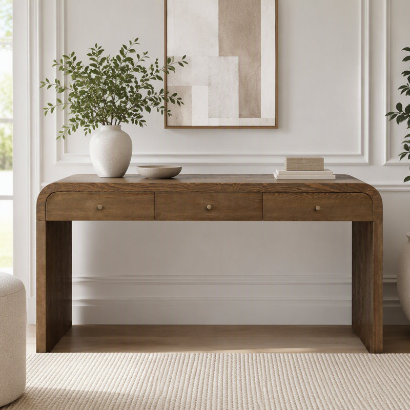 Console incurvée à 3 tiroirs avec poignées dorées, Bleu vieilli, brun foncé