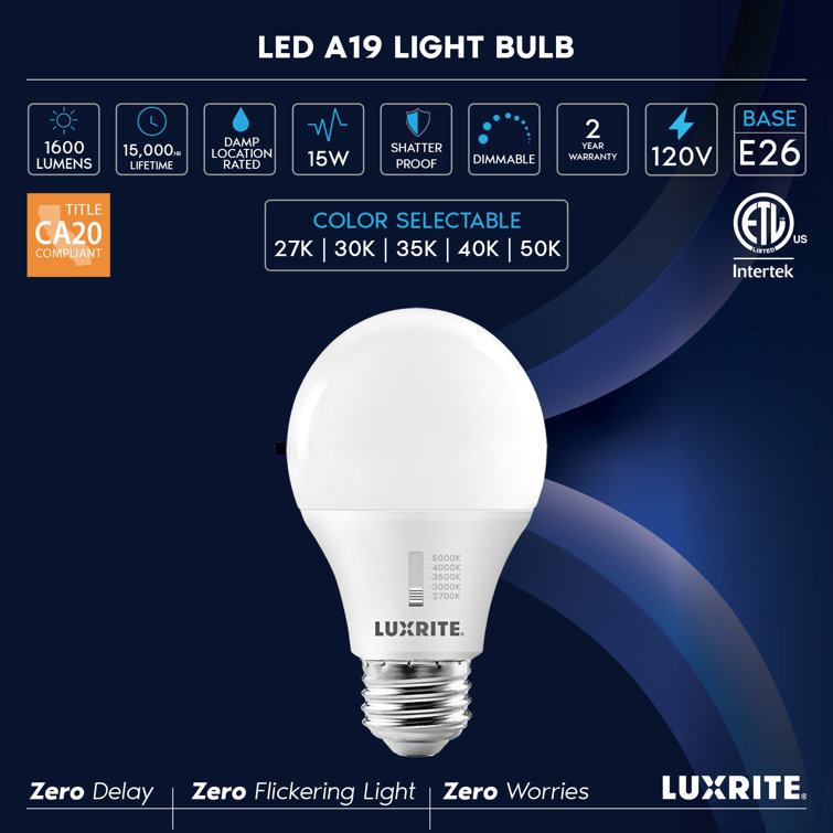 Luxrite A19 LED Light Bulb 100 Watt Equivalent CRI90 5CCT Dimmable 1600lm 15W E26 ETL 6 Pack LR21479