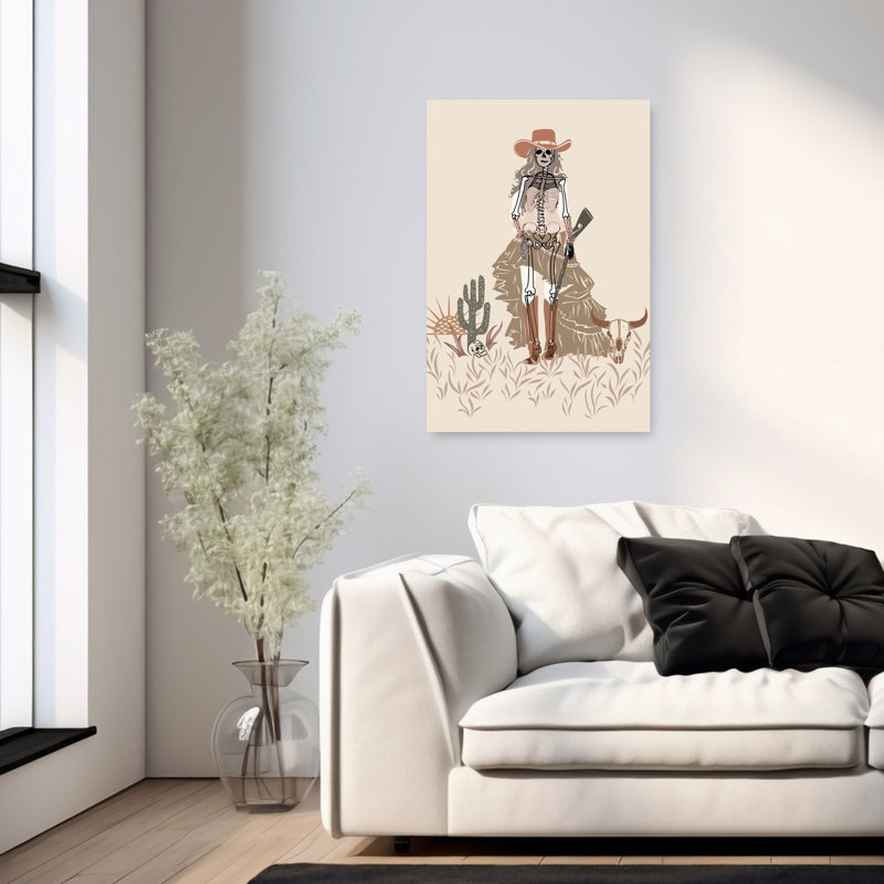 Affiche murale bohème représentant une cowgirl squelette, un squelette rustique et abstrait, un cactus et un paysage animalier.