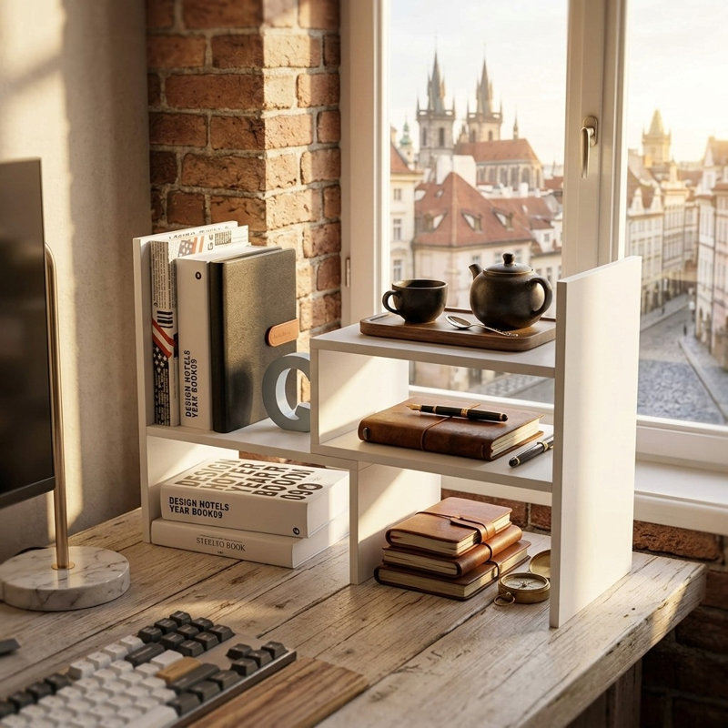 Expandable White Wood Desktop Bookshelf & Organizer
