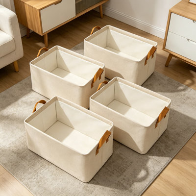4 Pack Closet Storage Bins For Shelves, Medium Fabric Baskets With Handles, Beige Polyester Cotton Organizers For Closet, Shelf, And Home Organization