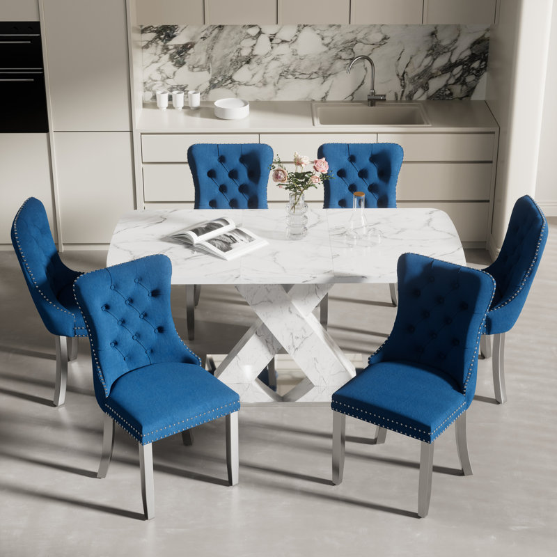 47.24''-63'' Extendable Dining Room Table Set, Blue, White, 7