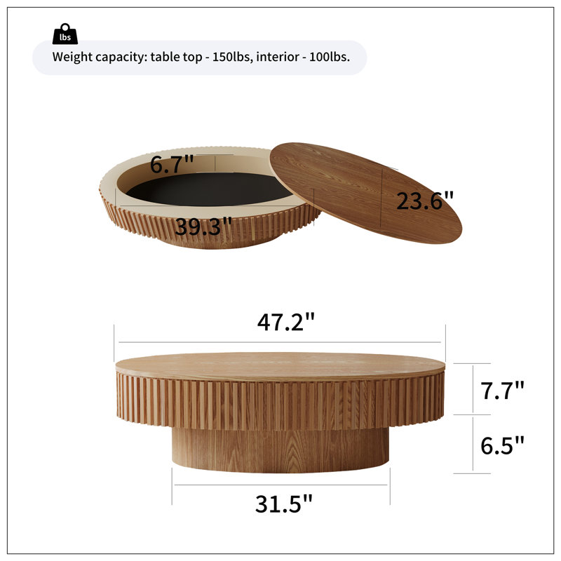 Table basse ovale avec rangement 47 po, Bois naturel