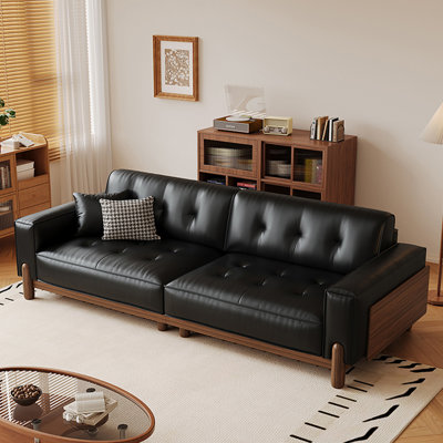 110.24"Black Genuine Leather Sofa