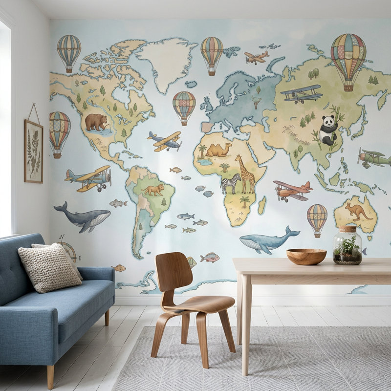 Papier peint carte du monde amovible pour chambre d'enfant, 140 po x 108 po, Peel and Stick