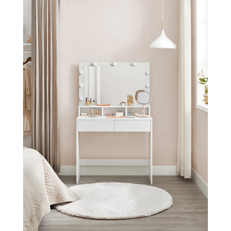 Altariq 31.5'' Wide Vanity with Large Mirror, Dimmable LED Lights, 3 Compartments, 2 Drawers, White