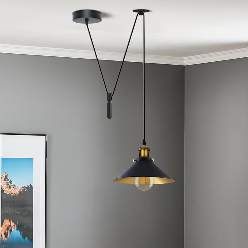 Anahla 1-Light Modern Industrial  Cone Pendant – Adjustable Ceiling Fixture for Contemporary Spaces, Black/Gold Inner, Yes
