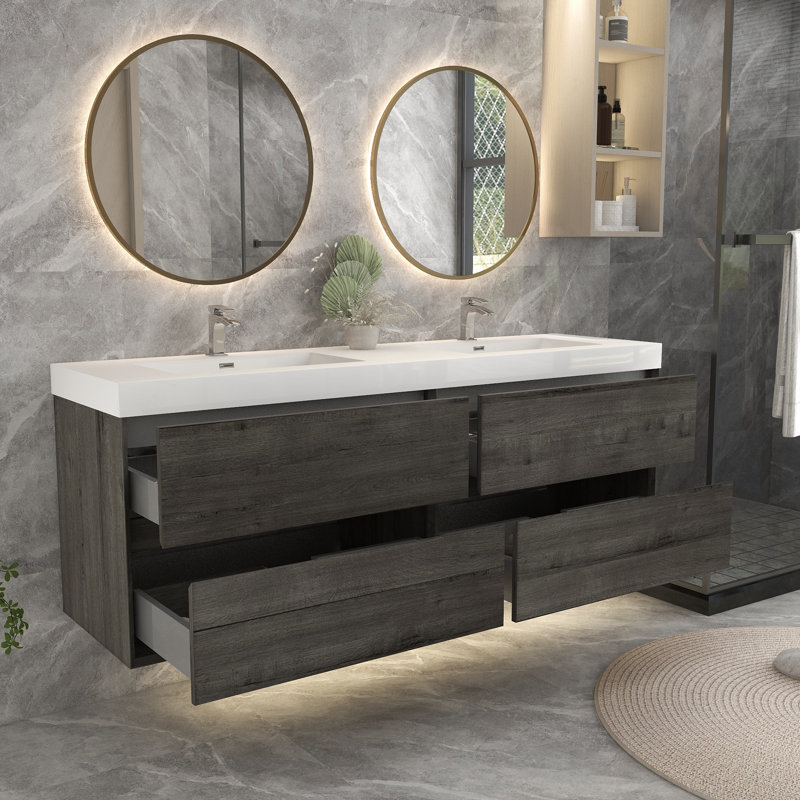 70.4'' Double Bathroom Vanity with Plastic Top, Smoke Oak