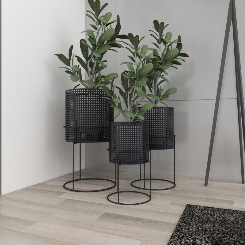 Set of 3 Black Metal Perforated Cylinder Floor Planters