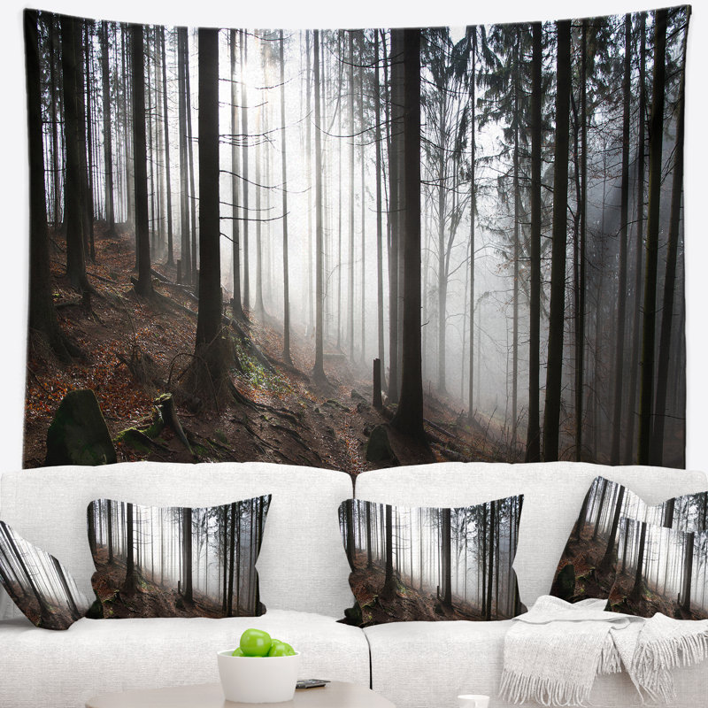 Tapisserie panorama paysage misty forest matinée, H 50 po x l 60 po